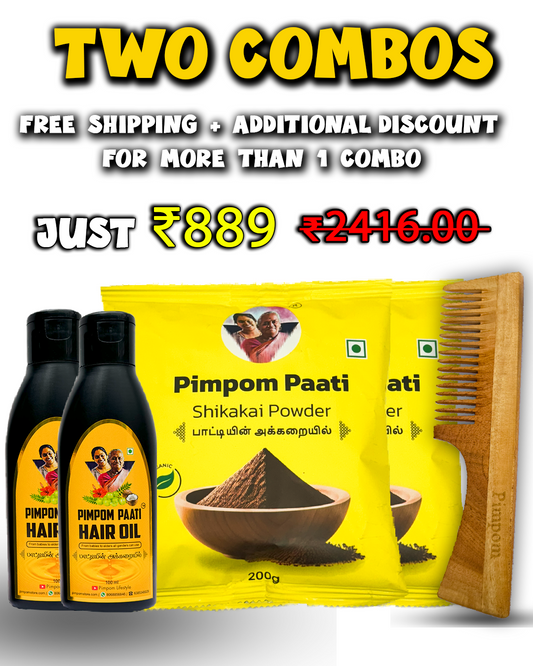 2* 100ml Paati hair oil + 2* 200g Paati Shikakai powder + 1 Pimpom's Original Neem comb