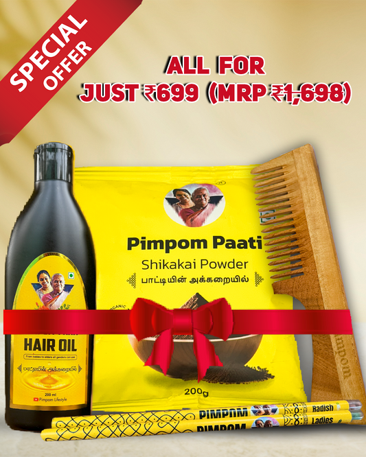 200ml Hair oil + 200g Shikakai + Neem comb + Seed pencil (COMPLETE HAIR CARE COMBO)